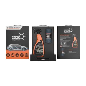 2020 POLYCHROM - Lahjapakkaus: Matta muovi- ja vinyylipinnoille tarkoitettu kiilloke “COCKPIT REINIGER” 500 ml + mikrokuituliina (guavan tuoksuinen)